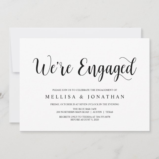 Modern Rustic, Black script, Engagement Party Invitation (Front)