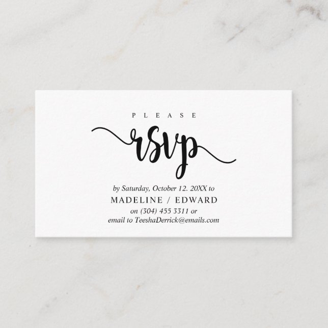 Modern Rustic, Black Script, RSVP reply Enclosure Card (Front)