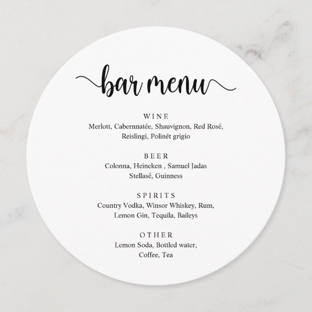Modern Rustic Black Script, Wedding Bar Menu (Front)
