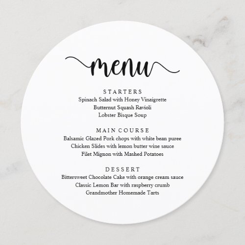 Modern Rustic Black Script Wedding Dinner Menu