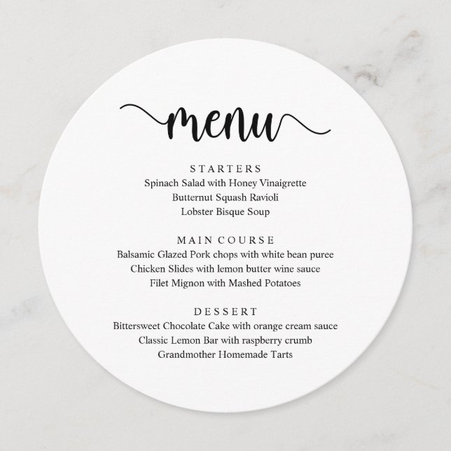Modern Rustic Black Script, Wedding Dinner Menu (Front)