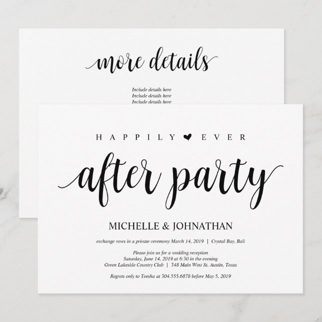 Modern Rustic, Black script, Wedding Elopement Invitation (Front/Back)
