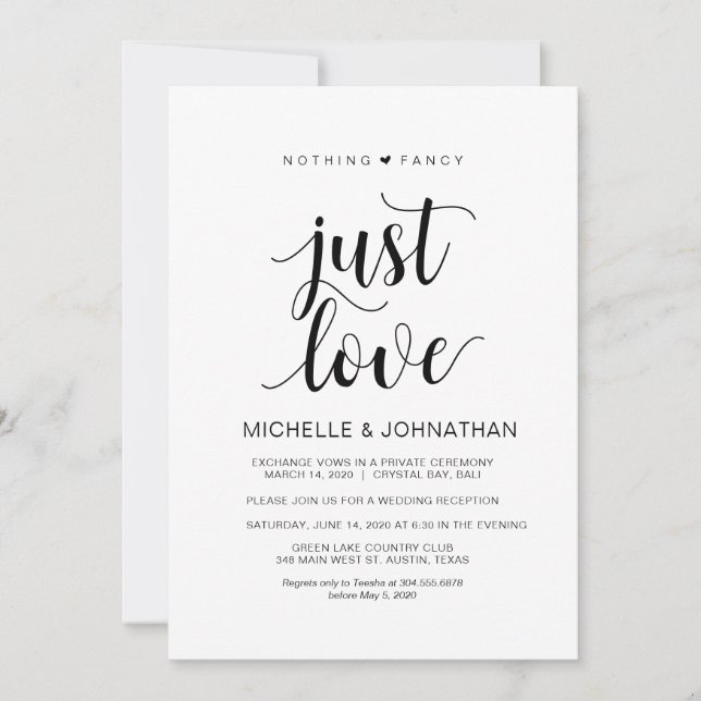 Modern Rustic, Black, Wedding Elopement Reception Invitation (Front)