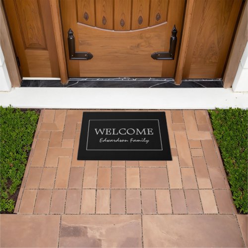 Modern rustic black welcome family name doormat