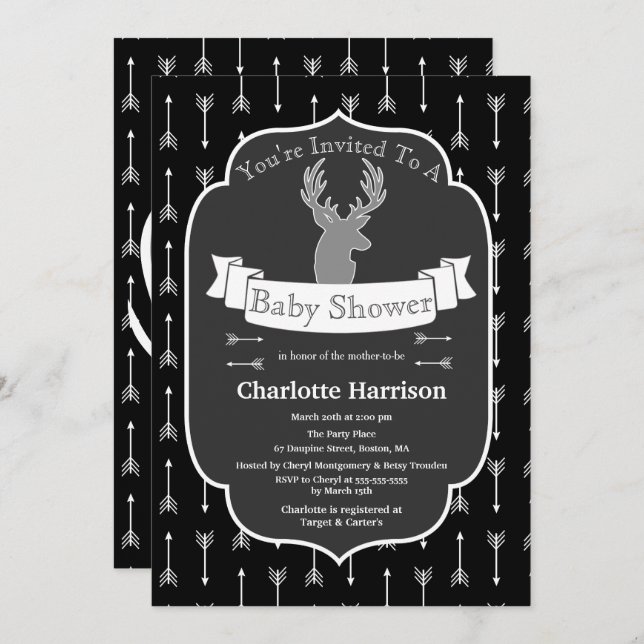 Modern Rustic Black & White Deer Baby Shower Invitation (Front/Back)