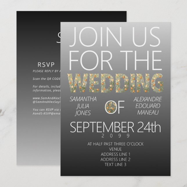 Modern Rustic Black White Floral Greenery Wedding Invitation (Front/Back)