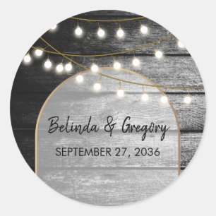 Modern Rustic Black Wood Gold Lights Arch Wedding Classic Round Sticker