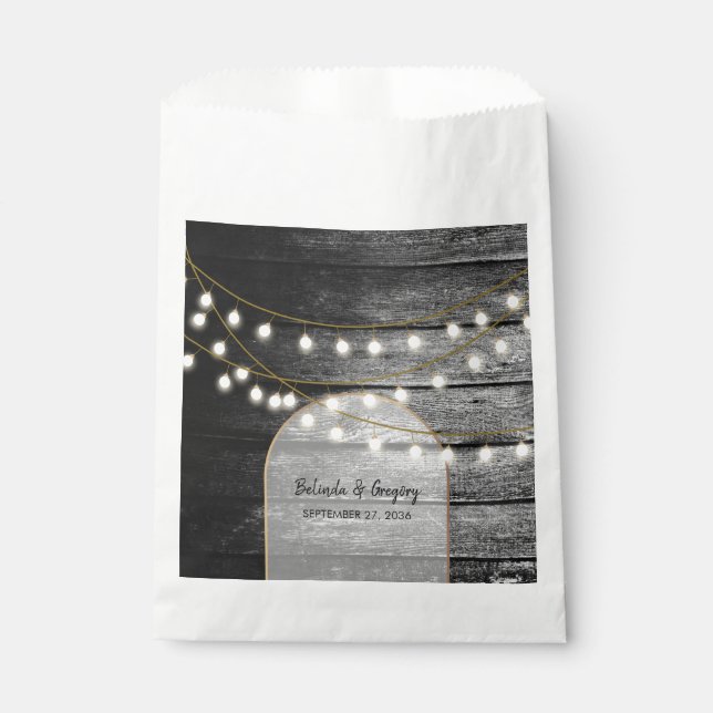 Modern Rustic Black Wood Gold Lights Arch Wedding  Favor Bag (Front)