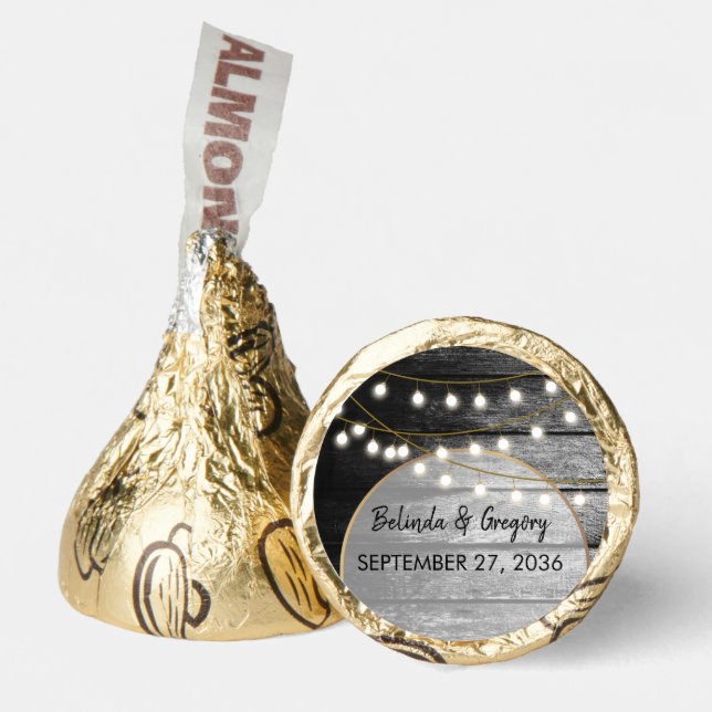 Modern Rustic Black Wood Gold Lights Arch Wedding Hershey®'s Kisses® (Front)