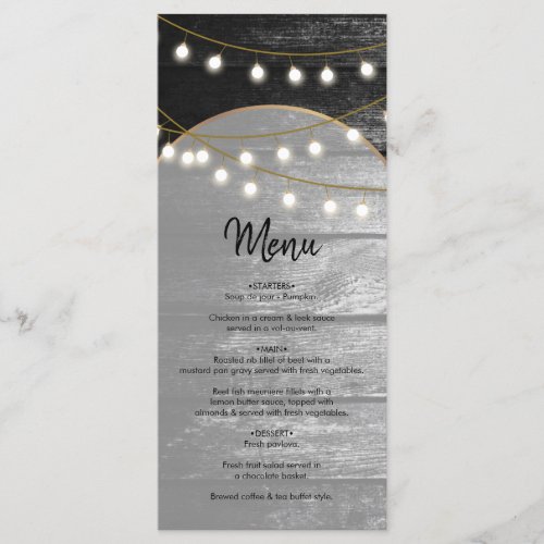 Modern Rustic Black Wood Gold Lights Arch Wedding Menu