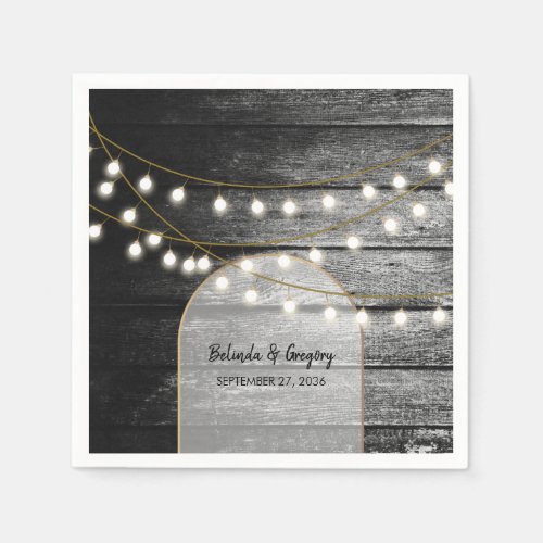 Modern Rustic Black Wood Gold Lights Arch Wedding Napkins