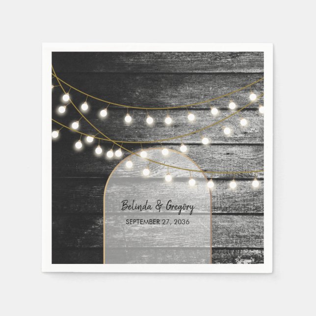 Modern Rustic Black Wood Gold Lights Arch Wedding Napkins (Front)