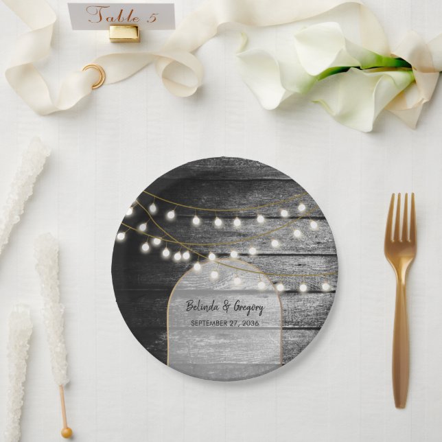 Modern Rustic Black Wood Gold Lights Arch Wedding Paper Plates (Wedding)