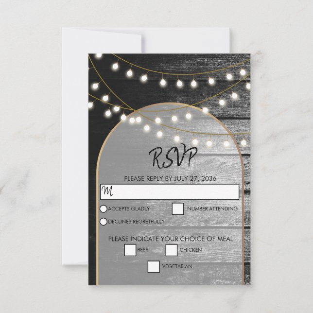 Modern Rustic Black Wood Gold Lights Arch Wedding RSVP Card (Front)