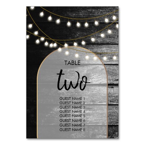Modern Rustic Black Wood Gold Lights Arch Wedding  Table Number