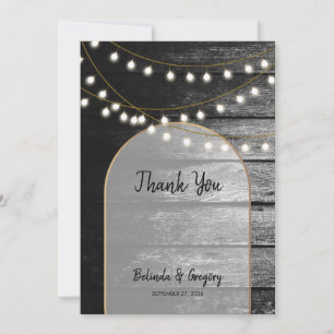 Modern Rustic Black Wood Gold Lights Arch Wedding Thank You Card