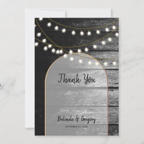 Modern Rustic Black Wood Gold Lights Arch Wedding  Thank You Card