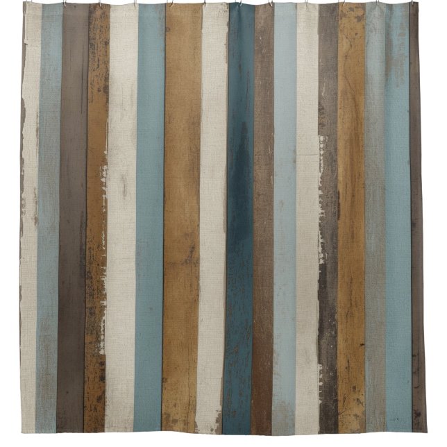 Modern Rustic Blue Brown Cream Farmhouse Stripe Shower Curtain (Front)