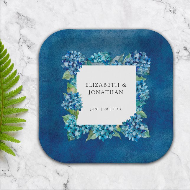 Modern Rustic Blue Hydrangeas Floral Wedding Paper Plates (Creator Uploaded)