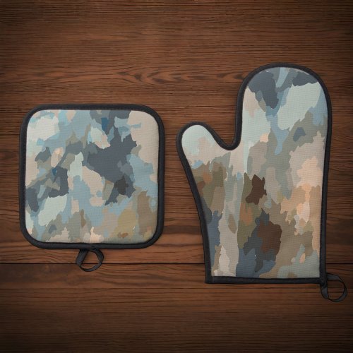 Modern rustic blue nature colors organic shapes  oven mitt  pot holder set