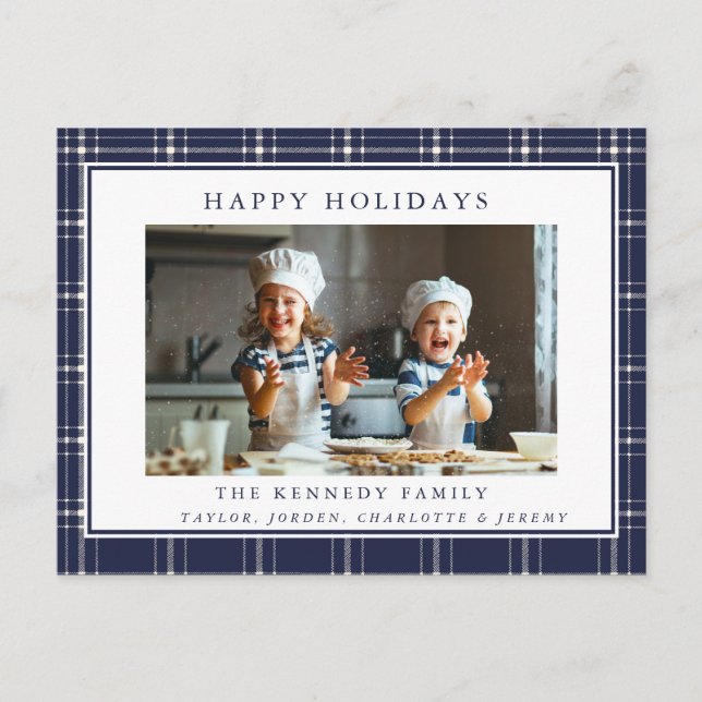 Modern Rustic Blue Plaid Family Photo Christmas  P Postcard (Front)