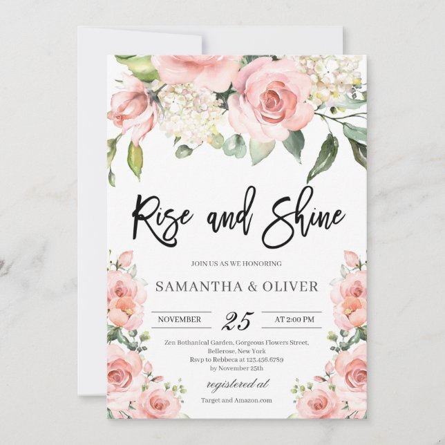 Modern rustic blush pink peach floral wedding invitation (Front)