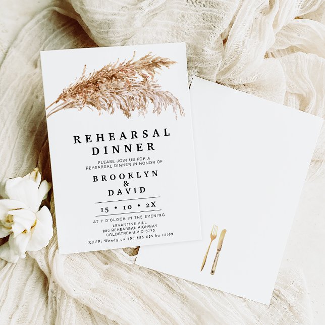 Modern Rustic Boho Pampas Grass Rehearsal Dinner Invitation (Rustic Pampas Grass Rehearsal Dinner Invitation, Minimalist Pampas Rehearsal Dinner Template)