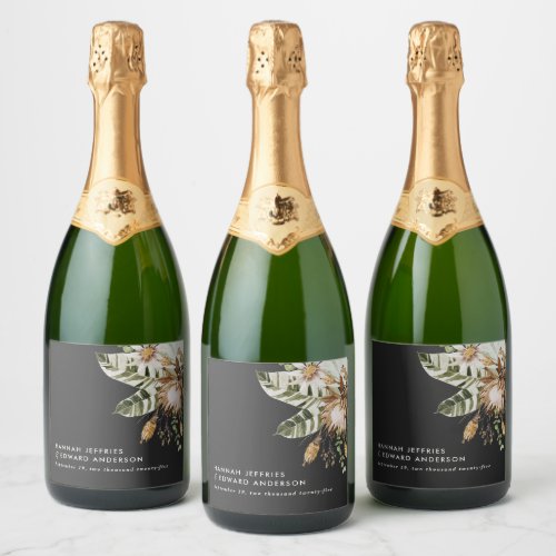 Modern rustic botanical elegant tropical wedding c sparkling wine label