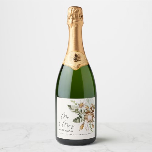 Modern rustic botanical elegant tropical wedding c sparkling wine label