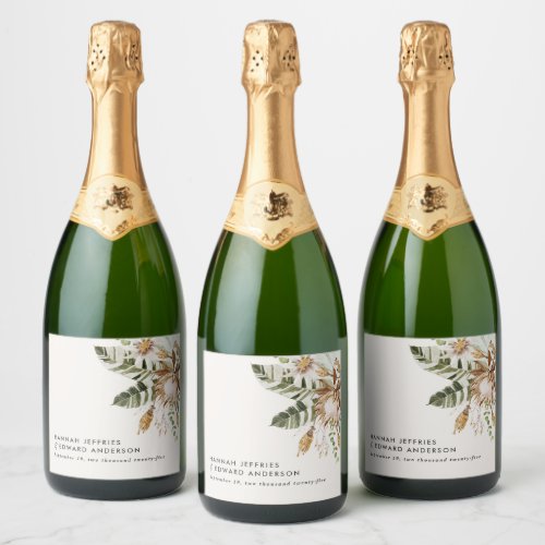 Modern rustic botanical elegant tropical wedding sparkling wine label