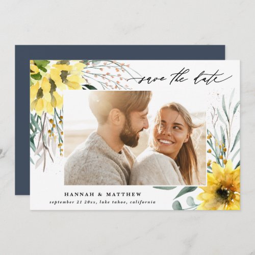 Modern rustic botanical eucalyptus sunflower photo save the date