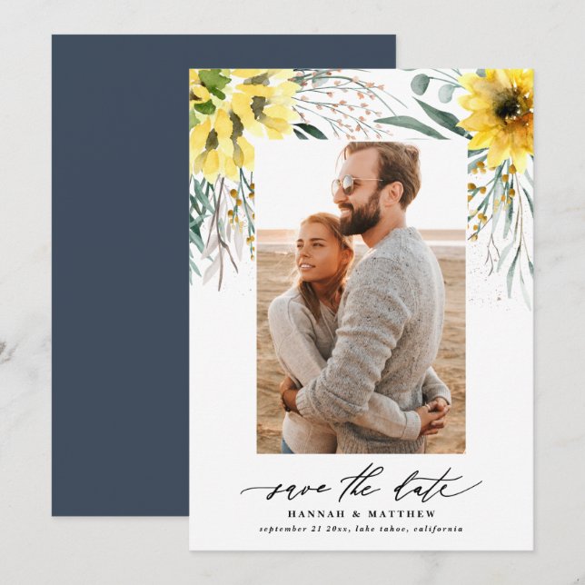 Modern rustic botanical eucalyptus sunflower photo save the date (Front/Back)