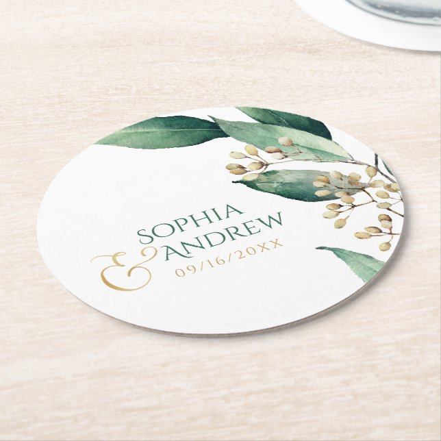 Modern rustic botanical greenery wedding monogram round paper coaster (Angled)