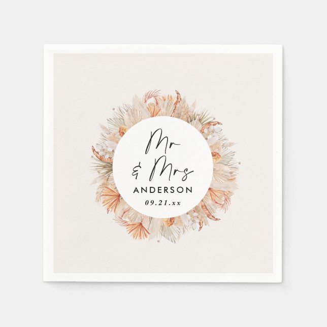 modern rustic botanical pampas grass Mr & Mrs  Napkins (Front)