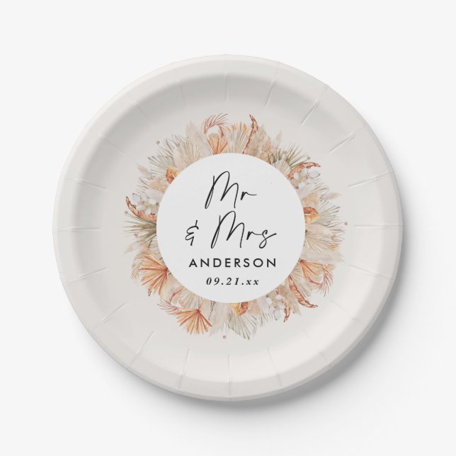 modern rustic botanical pampas grass Mr & Mrs Paper Plates (Front)