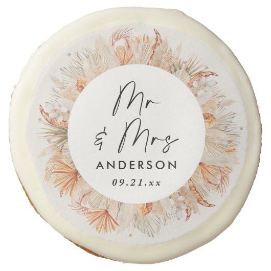 modern rustic botanical pampas grass Mr & Mrs Sugar Cookie (Front)