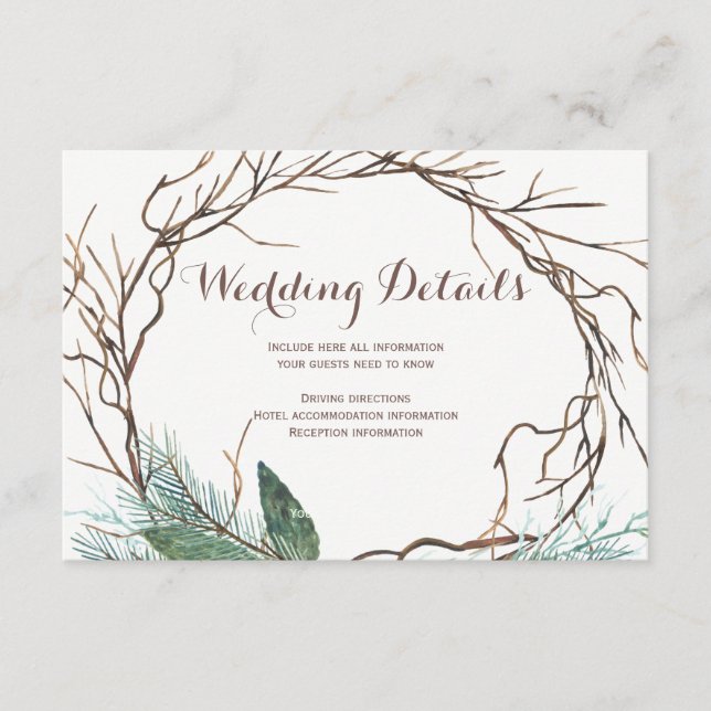 Modern rustic branch wreath wedding guest details enclosure card (Front)