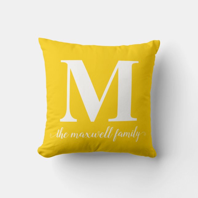 Modern Rustic Bright Yellow Monogram Family Script Throw Pillow (Front)