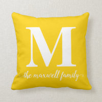 Modern Rustic Bright Yellow Monogram Family Script Throw Pillow