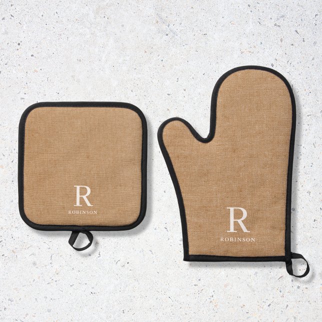 Modern Rustic Brown Burlap Family Name Monogram Oven Mitt & Pot Holder Set (Creator Uploaded)