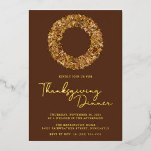 Modern Rustic Brown Gold Foil Thanksgiving Wreath Invitation