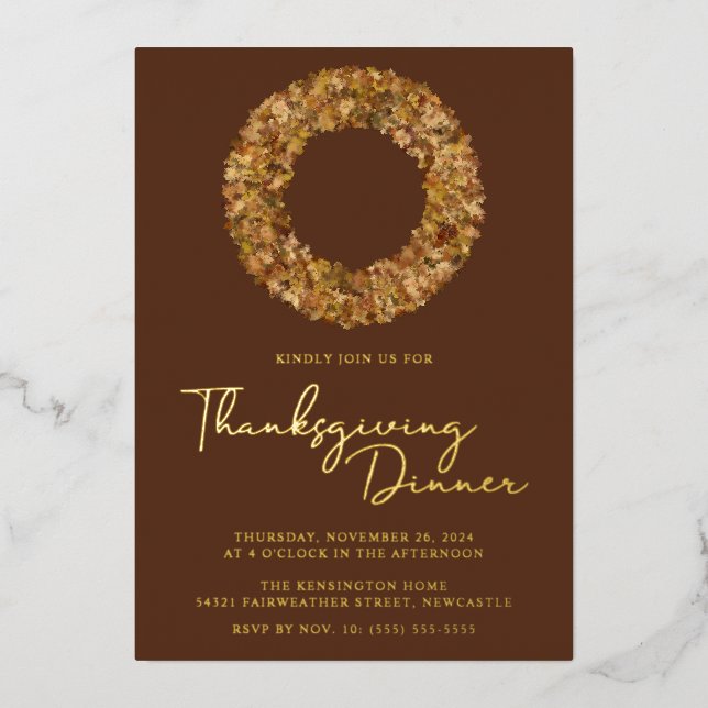 Modern Rustic Brown Gold Foil Thanksgiving Wreath Invitation (Front)