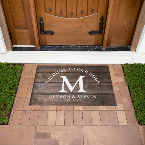 Modern Rustic Brown Wood Family Monogram Custom Doormat