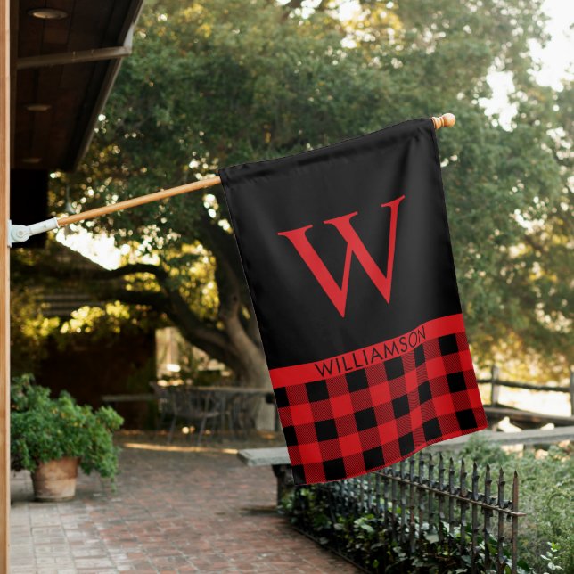 Modern Rustic Buffalo Check Plaid Family Monogram  House Flag (In SItu)