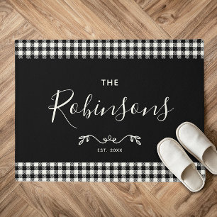 Modern Rustic Buffalo Check Plaid Family Script Doormat