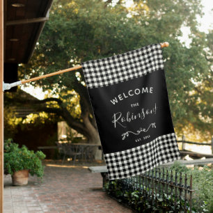 Modern Rustic Buffalo Check Plaid Family Script House Flag