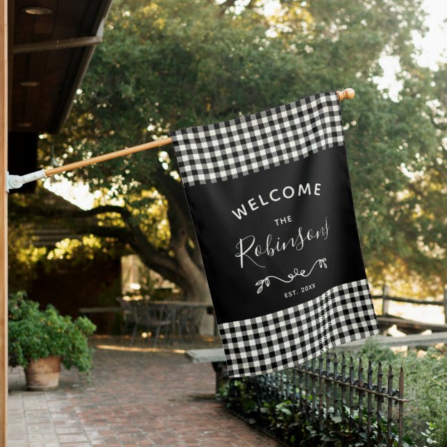 Modern Rustic Buffalo Check Plaid Family Script House Flag (In SItu)