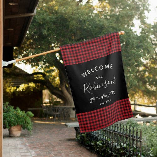 Modern Rustic Buffalo Check Plaid Family Script House Flag