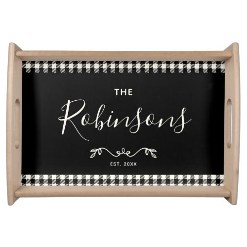 Modern Rustic Buffalo Check Plaid Family Script Serving Tray