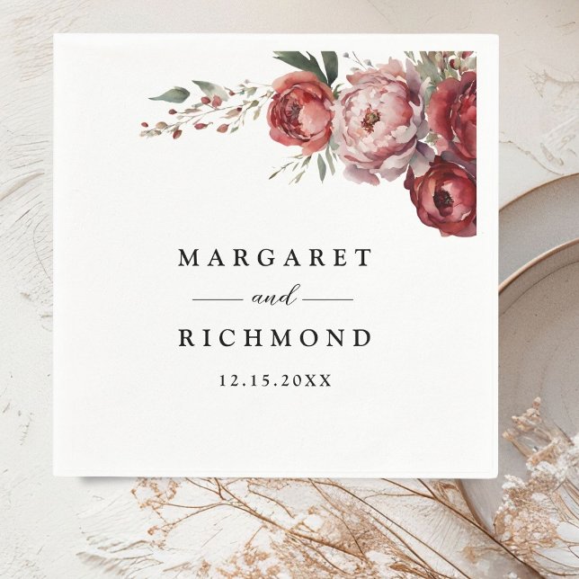 Modern Rustic Burgundy Blush Floral Wedding Paper Napkins (Creator Uploaded)